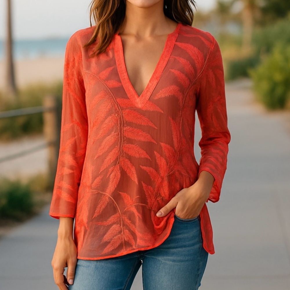 Alice + Olivia Women's 100% Silk Pullover Tunic Blouse, Coral Orange, Size XS/TP - Picture 3 of 13